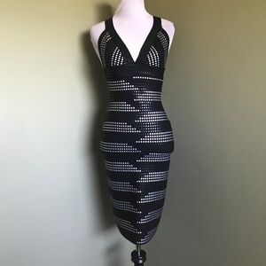 NJ Couture Bodycon Black Polka Dot Midi dress Size Small